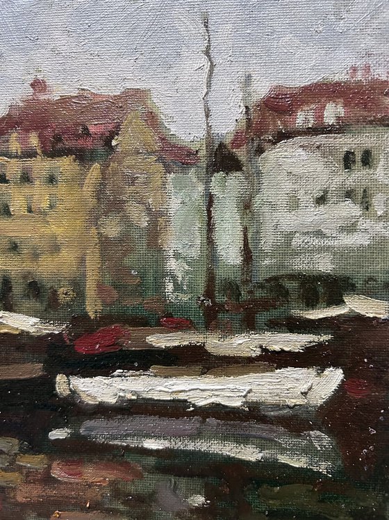 Original Oil Painting Wall Art Signed unframed Hand Made Jixiang Dong Canvas 25cm × 20cm Cityscape  New Harbor of Copenhagen Denmark Small Impressionism Impasto