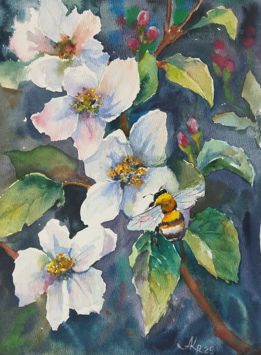 Impressionistic Botanical Watercolour By Ann Krasikova, 9 X 12, Spring Tree Blossoms, Original Artwork