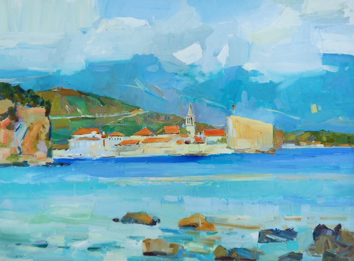 Impressionistic Landscape Oil Painting By Yehor Dulin, 31 X 24", " Summer In Montenegro", Original Artwork