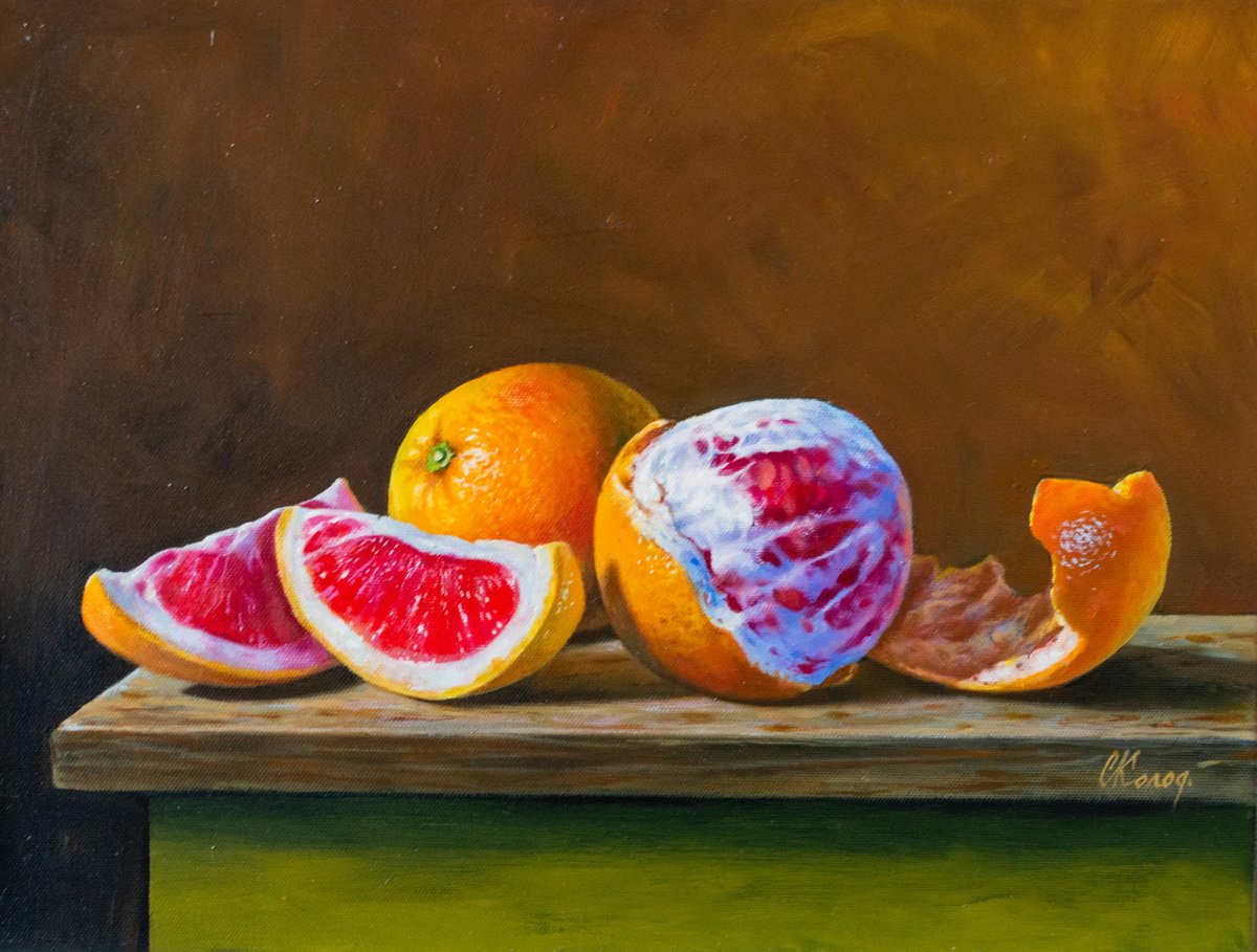 Photorealistic Still Life Oil Painting By Kolodyazhniy Sergey, 16 X 12", Still Life With Grapefruit/10, Original Artwork