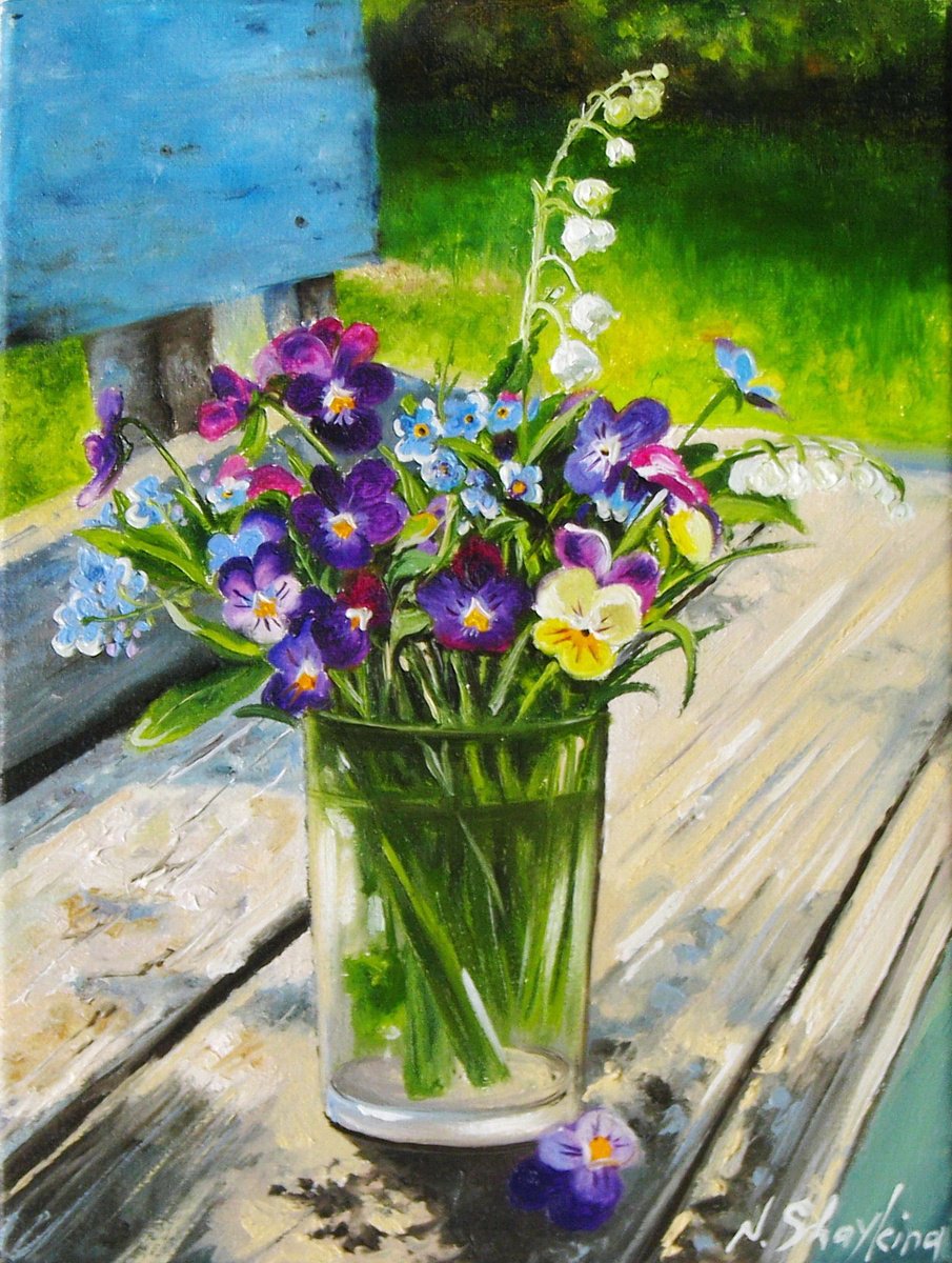 Impressionistic Botanical Oil Painting By Natalia Shaykina, 7 X 9", Johnny Jump Up Flowers, Original Artwork