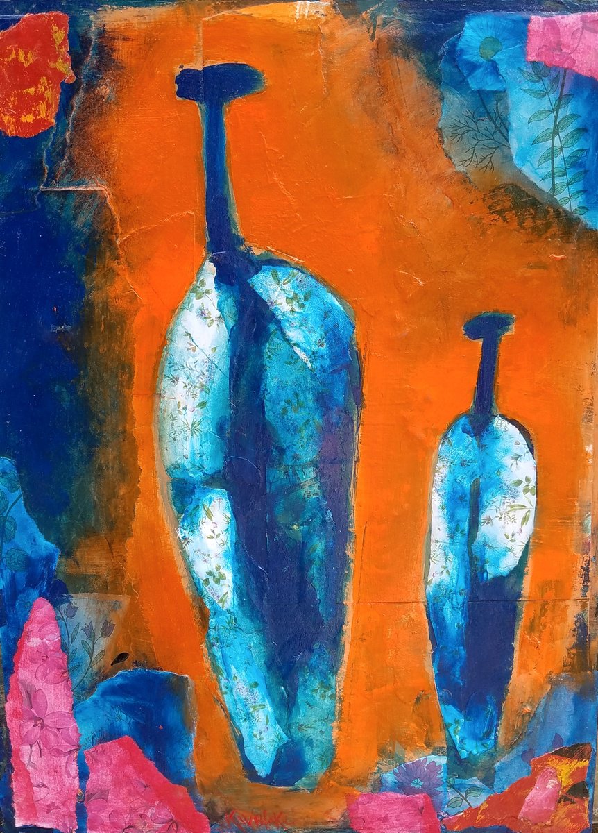 Naive Still Life Painting By Kevin Blake, 12 X 16", Blue And White Floral Vases, Original Artwork