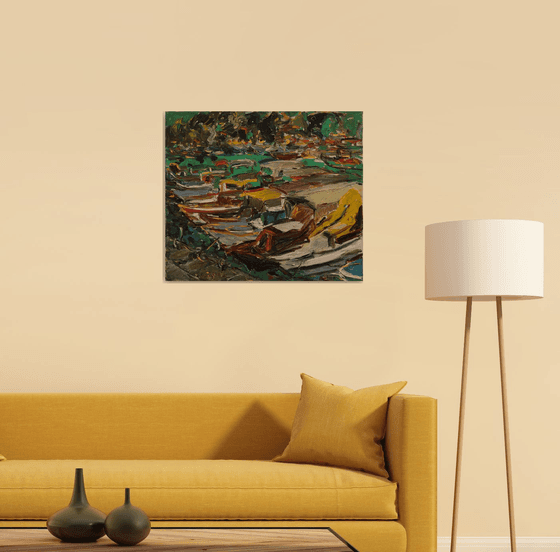 MARMARIS BOATS. TURKEY - Oil on canvas original painting, marina landscape, seascape, sea, boat  60x70