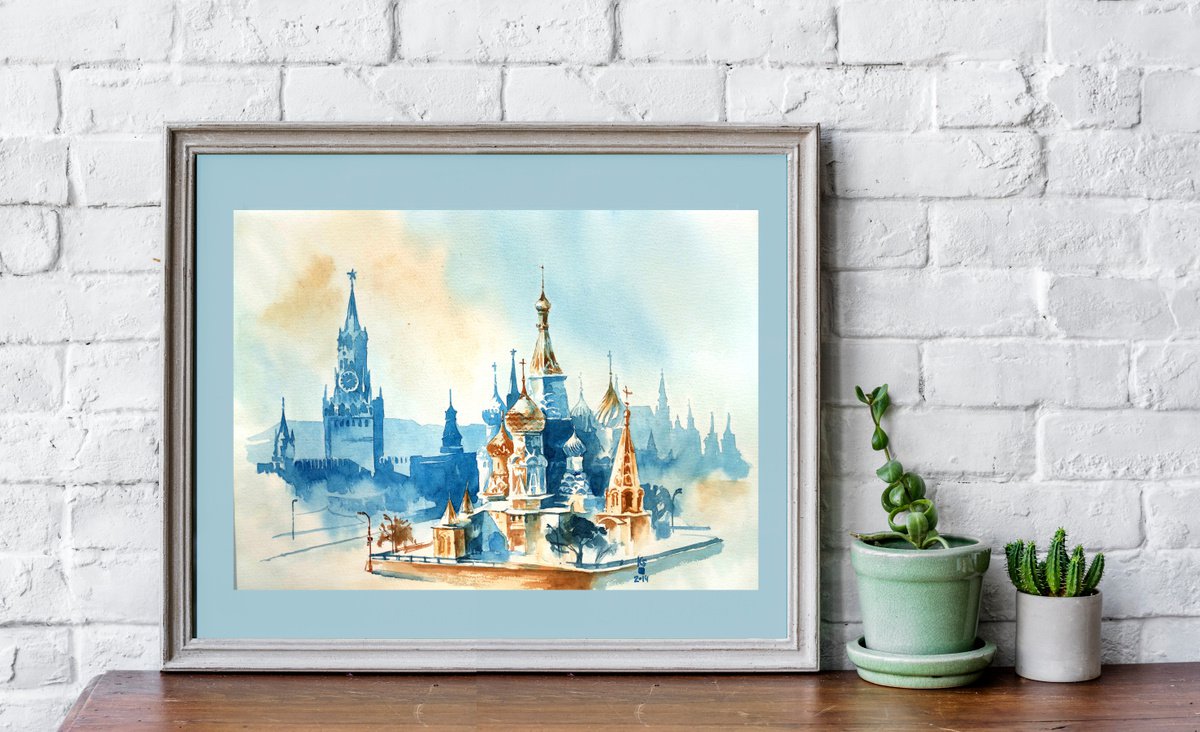 Architectural landscape Red Square Ensemble in Moscow original watercolor painting by Ksenia Selianko