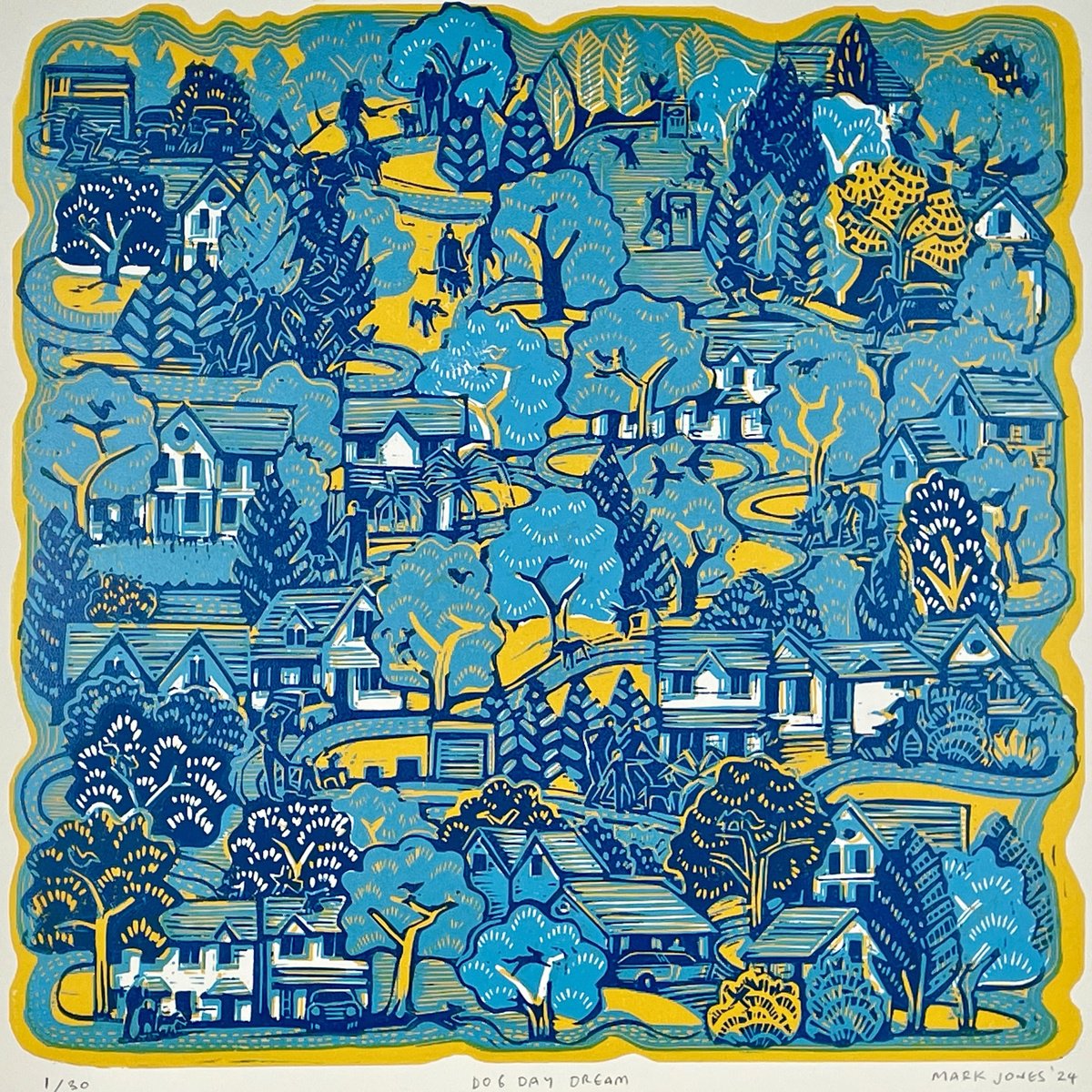 Graphic Landscape Linocut By Mark Howard Jones, 17 X 17", Dog Day Dream, Original Artwork