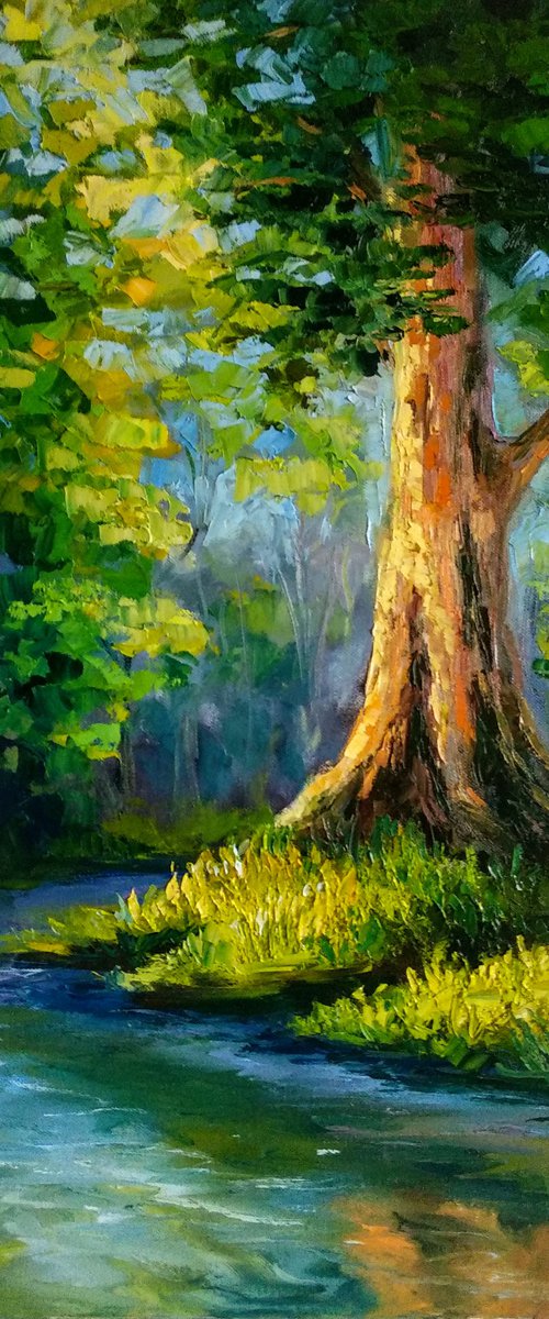 Summer Landscape Sunny Forest Big Tree Day River Green Yellow by Anastasia Art Line