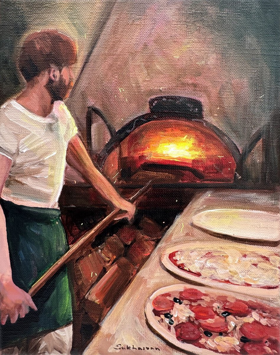 Impressionistic Portrait Acrylic Painting By Victoria Sukhasyan, 8 X 10", Baking Pizza, Original Artwork