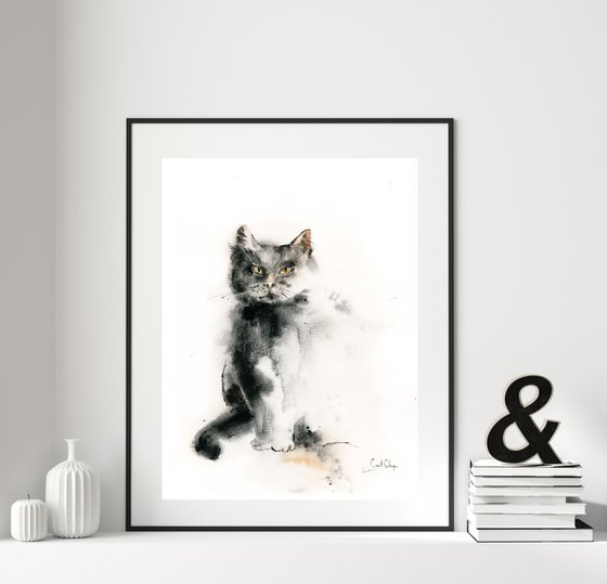 Cat Watercolor Painting, Cat Portrait Art, Watercolour Pet Painting Art