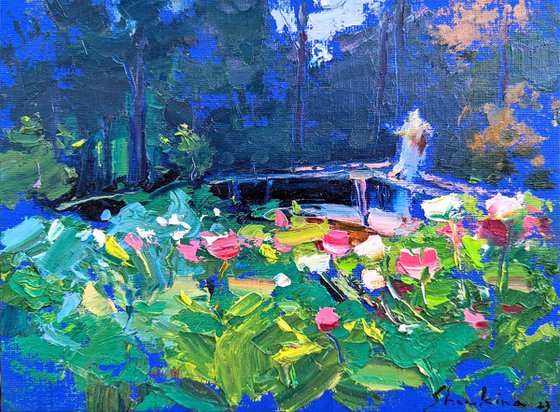 Walk among peonies bloom| Summer garden | Original oil painting