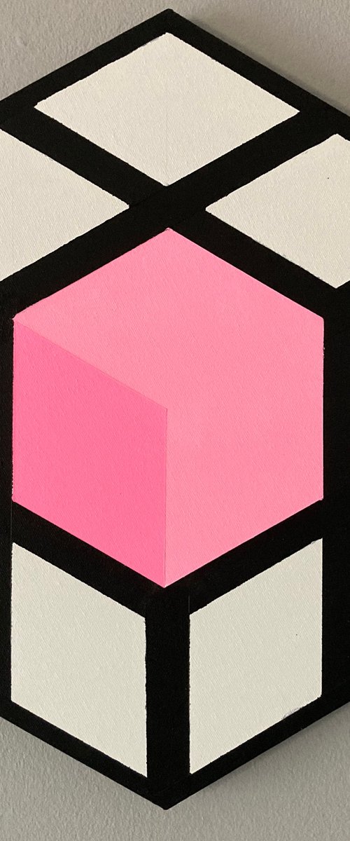 Original Modern Abstract Geometric Op Art Framed Hexagon Shaped Canvas Painting by Dominic Joyce