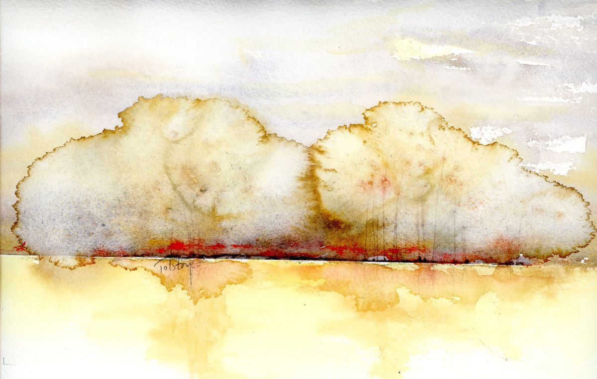 Impressionistic Landscape Watercolour By Alex Tolstoy, 12 X 7, Trees And Red, Original Artwork
