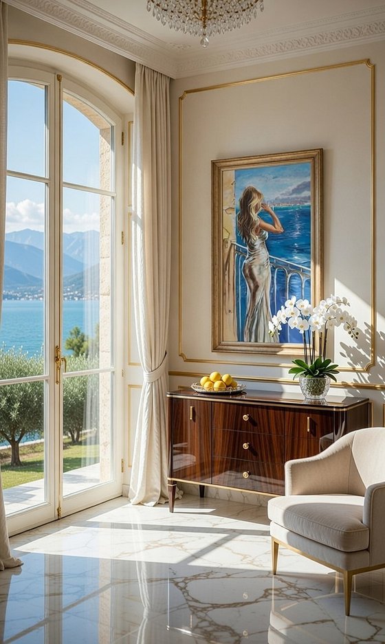 " GARDA VIEW WITH GIRL DRINKING CHAMPAGNE "