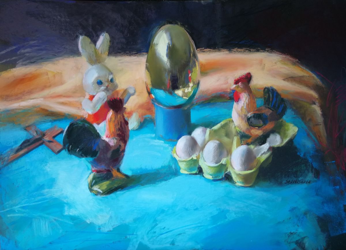 Impressionistic Still Life Pastel Drawing By Silja Salmistu, 26 X 20", The Golden Egg, Original Artwork