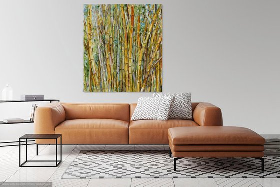 SINGING BAMBOO №2 - landscape art, large oil painting, panel, green, bamboo forest tree plant, 160x146