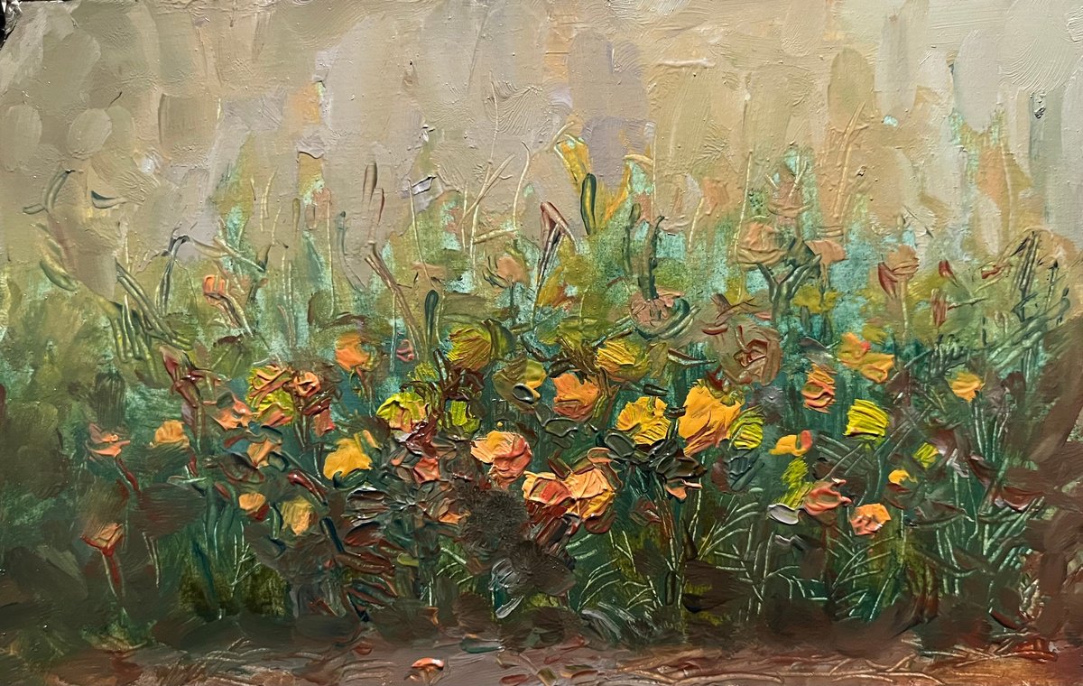 Marigolds flowers-Ukrainian miniature oil painting, plein air artwork by Roman Sergienko