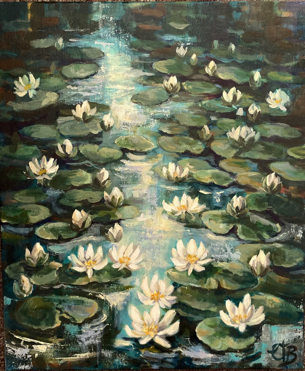 Impressionistic Botanical Acrylic Painting By Colette Baumback, 20 X 24, Lilly Pond No6, Original Artwork