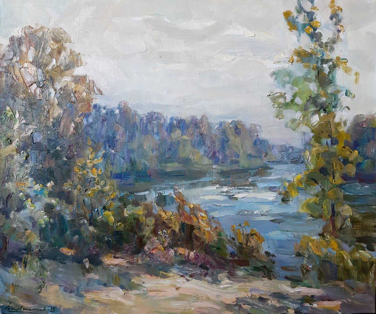 Impressionistic Landscape Oil Painting By Ivan Kovalenko, 24 X 20, Forest Lake, Original Artwork