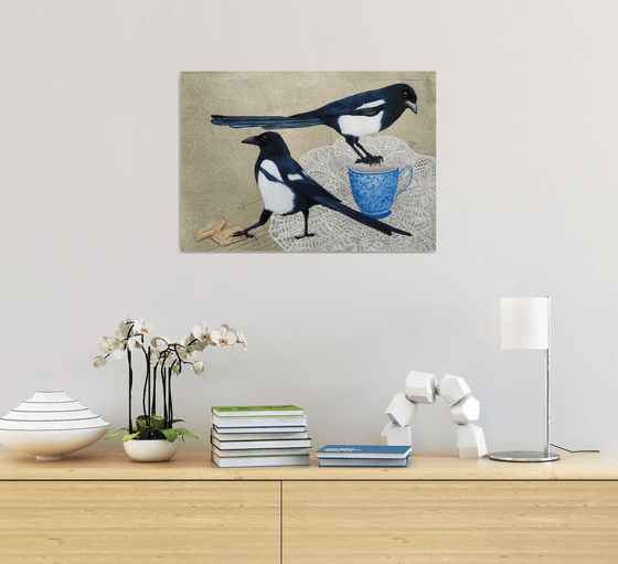 Garden party  ( magpies, tea and biscuits mixed media painting )