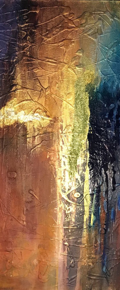 "Your echo" abstract gold leaf red turquoise by Henrieta Angel