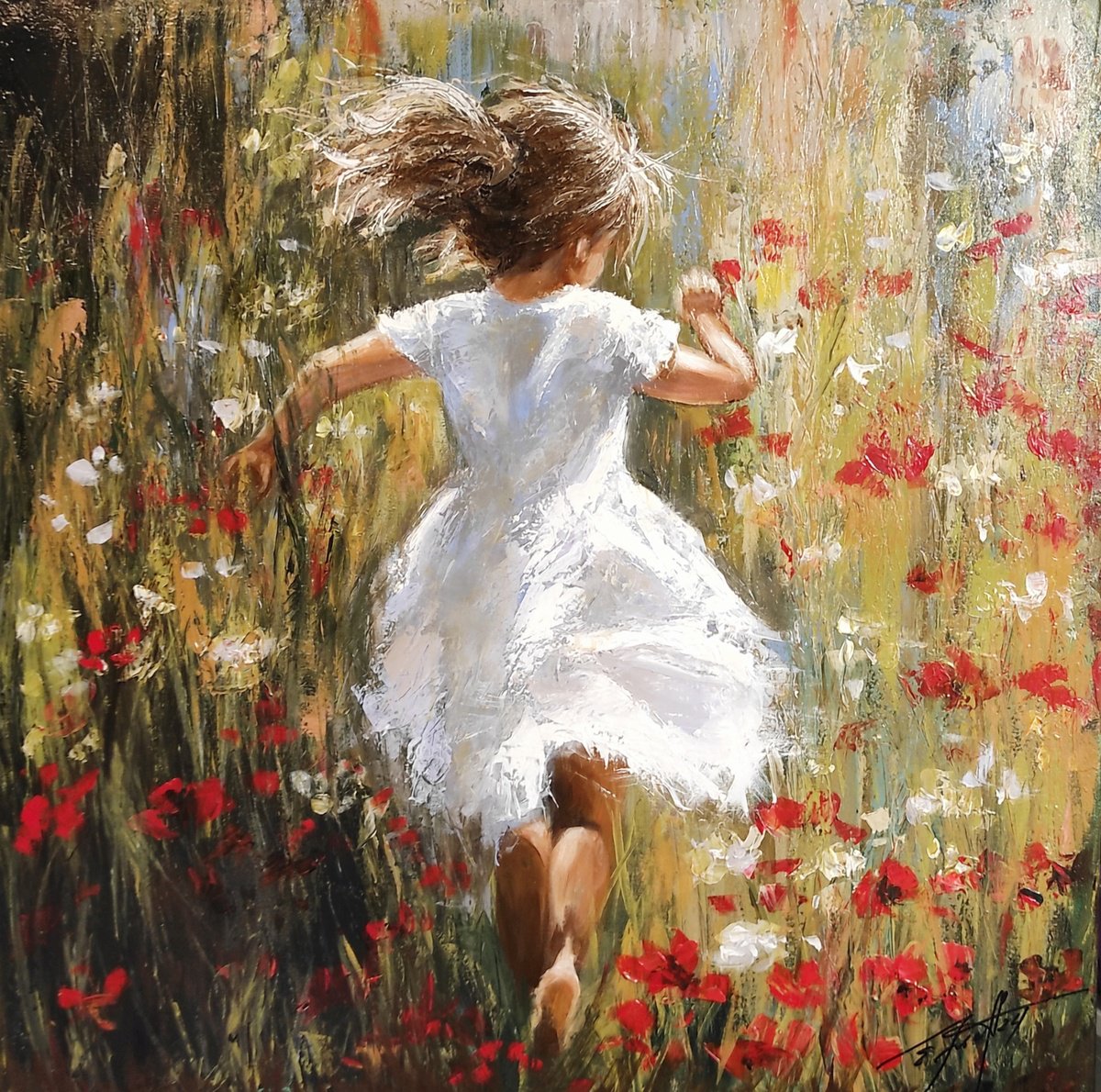 Impressionistic Portrait Oil Painting By Elena Kraft, 28 X 28, Towards The Sun, Original Artwork