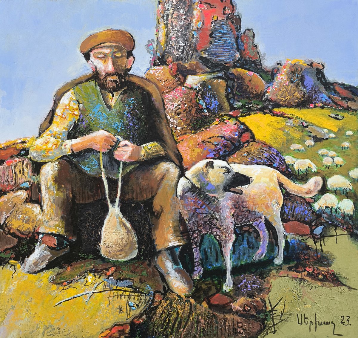 Impressionistic Portrait Oil Painting By Sergey Xachatryan, 24 X 24", Guardians Of The Flock, Original Artwork