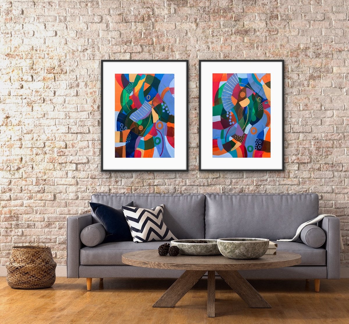 Organic Abstract Acrylic Painting By Rashna Hackett, 20 X 27", Parachute Mind (Diptych), Original Artwork