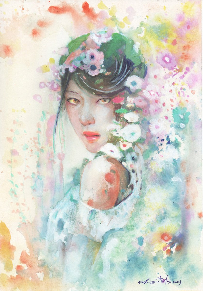 Impressionistic Portrait Ink Drawing By Maurizio Puglisi, 8 X 11", Flower Fountain, Original Artwork