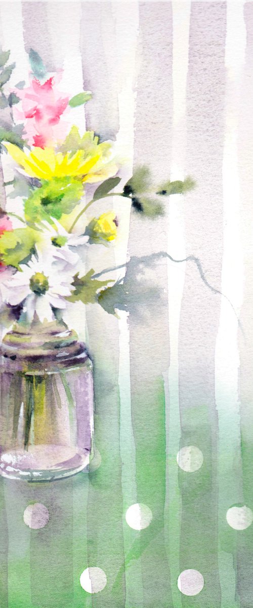 Chrysanthemums in a vase, Original floral watercolour painting by Anjana Cawdell