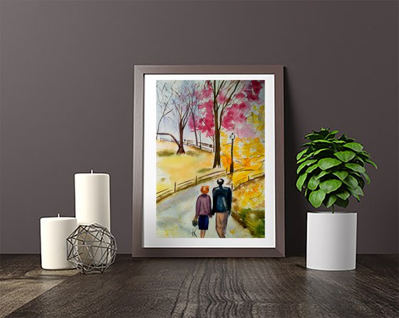 Couple Painting Central Park NYC Original Art Walk in Spring Park Watercolor Stroll Small Home Wall Art 8 by 12" by Halyna Kirichenko