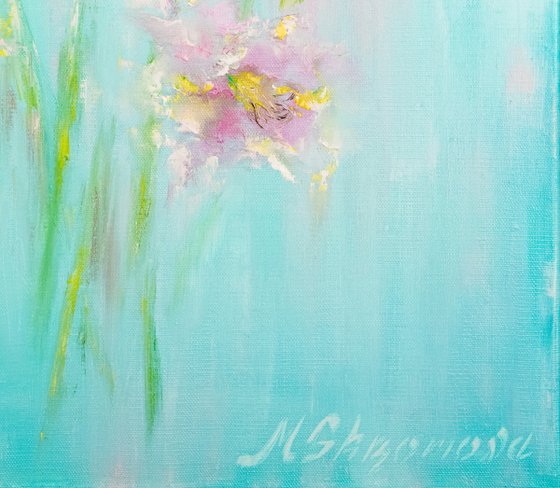 A GENTLE COUPLE- Lilies. Irises. Diptych. Flower couple. Blue canvases. Pastel colors. Heavenly color. White flowers. Abstract flowers. Abstraction.