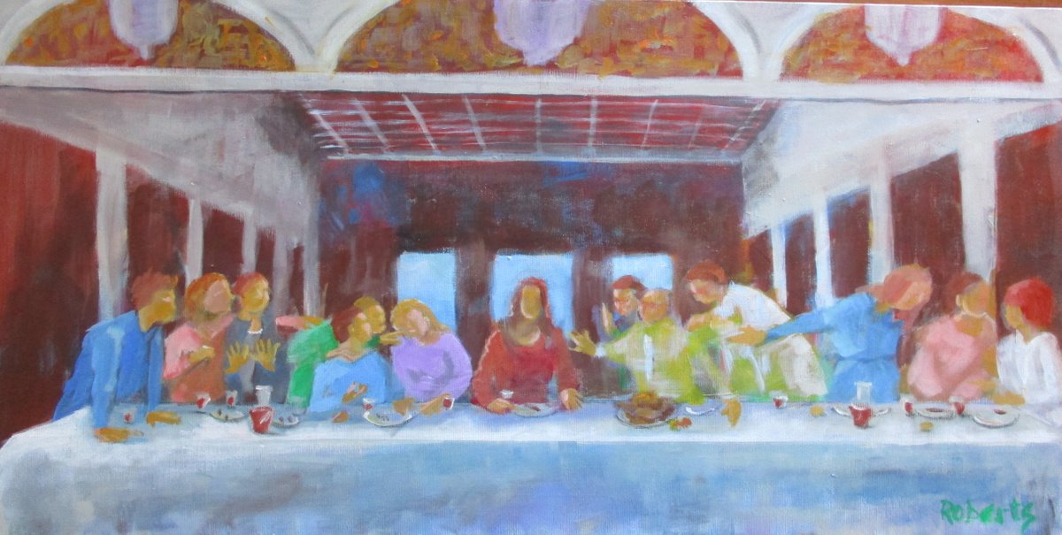 Impressionistic Portrait Acrylic Painting By Rosalind Roberts, 32 X 16", Not The Last Supper, Original Artwork