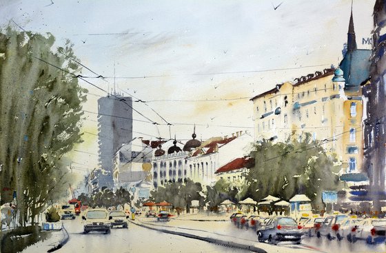Traffic on Terazije square, Belgrade 36x54cm