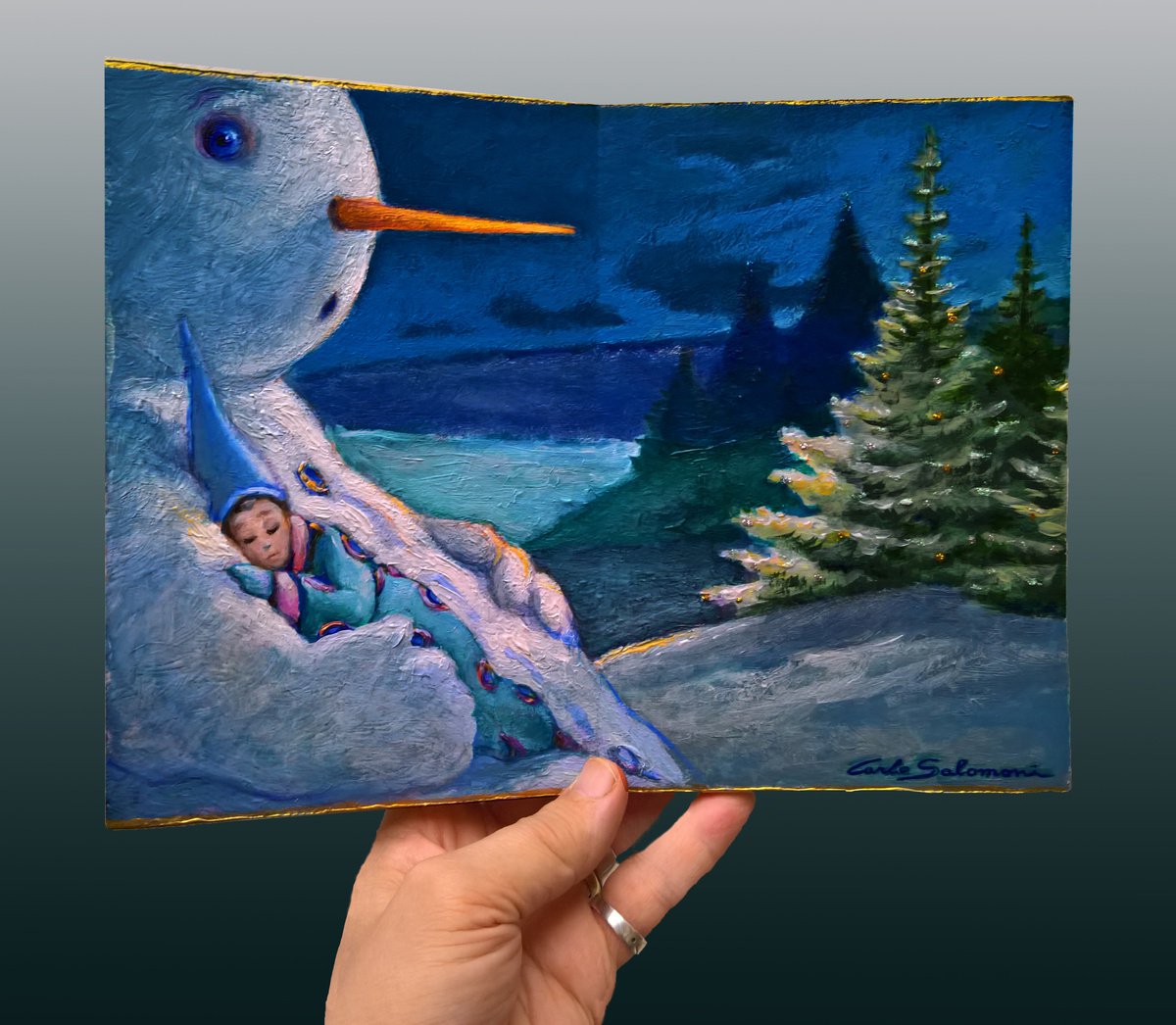 Surrealistic Portrait Acrylic Painting By Carlo Salomoni, 12 X 9, A Warm Hug, Original Artwork