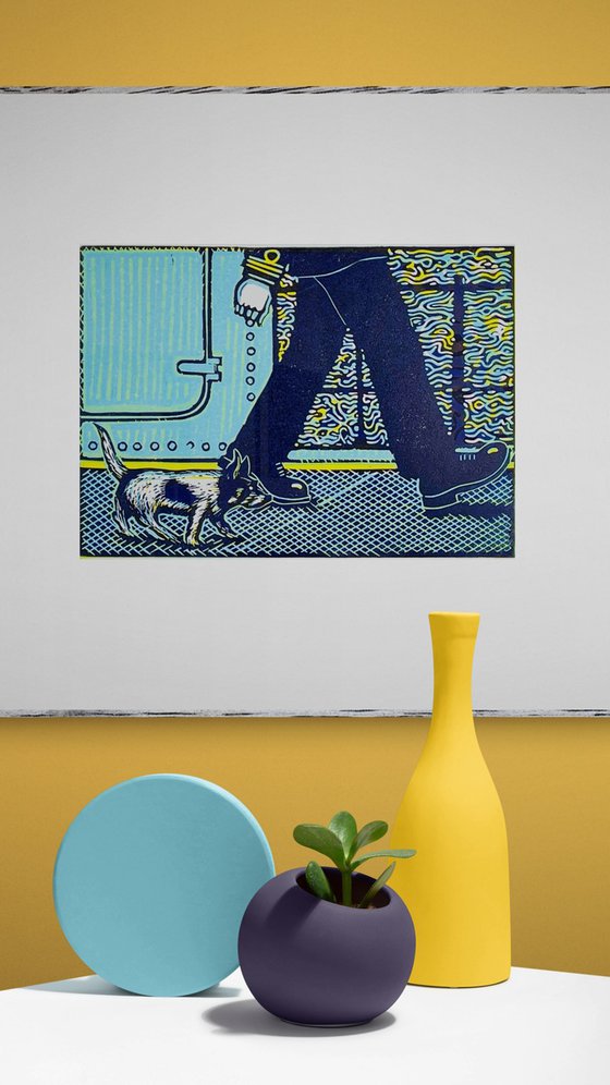 Quick March - Blue linocut