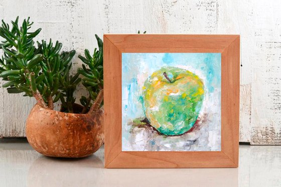 Green Apple Painting Original Art Fruit Still Life Wall Art Kitchen Artwork