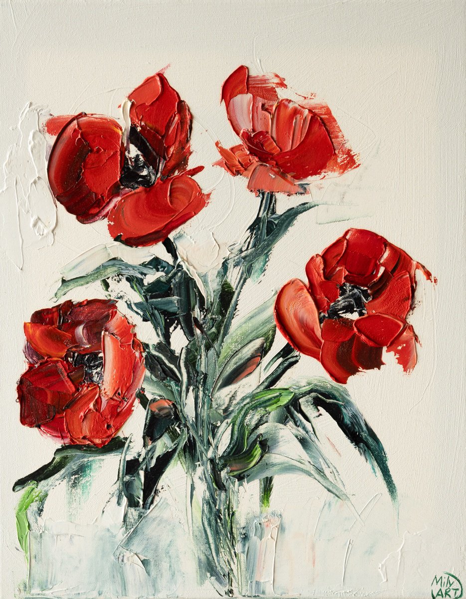 Impressionistic Botanical Oil Painting By Mily Art, 14 X 18", Red Poppy Textured Impasto, Original Artwork