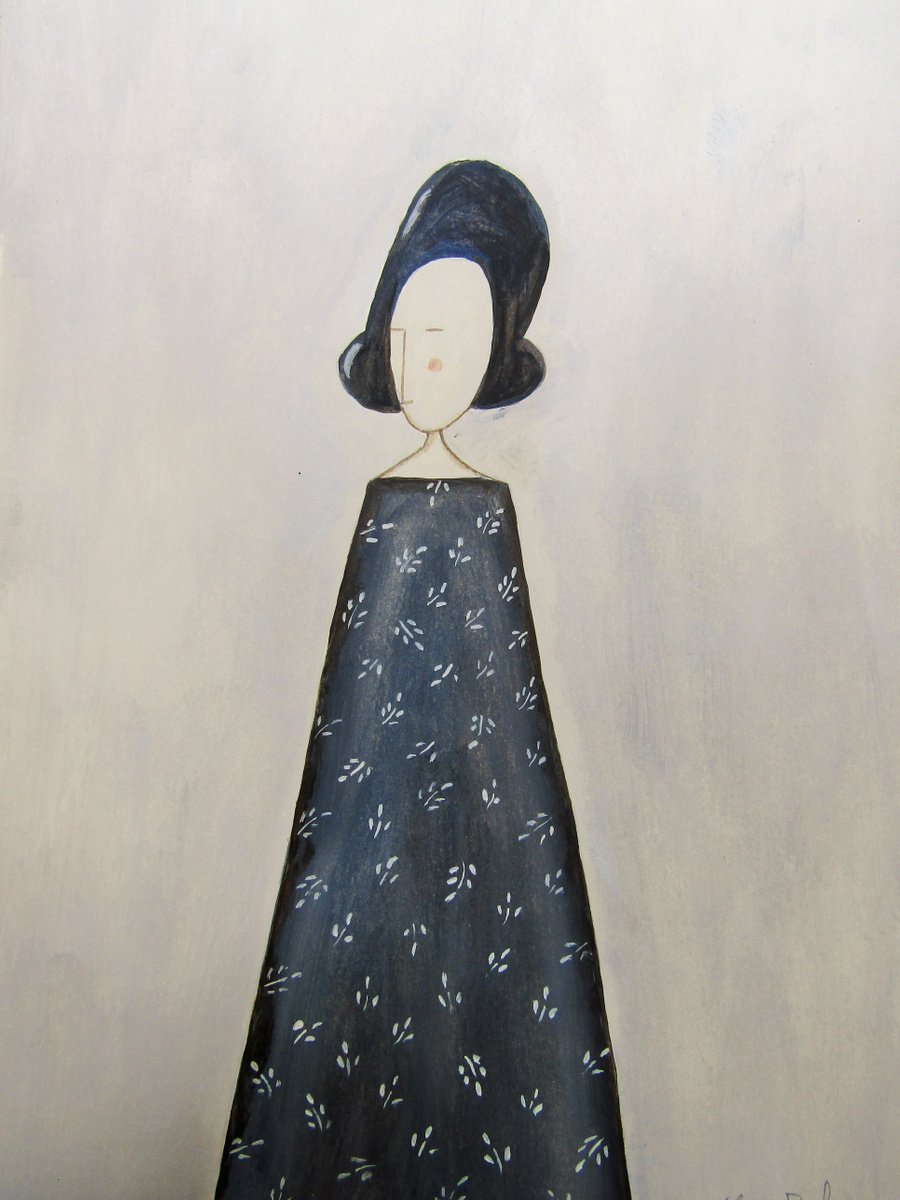 The Lady in dark blue dress - oil on paper by Silvia Beneforti
