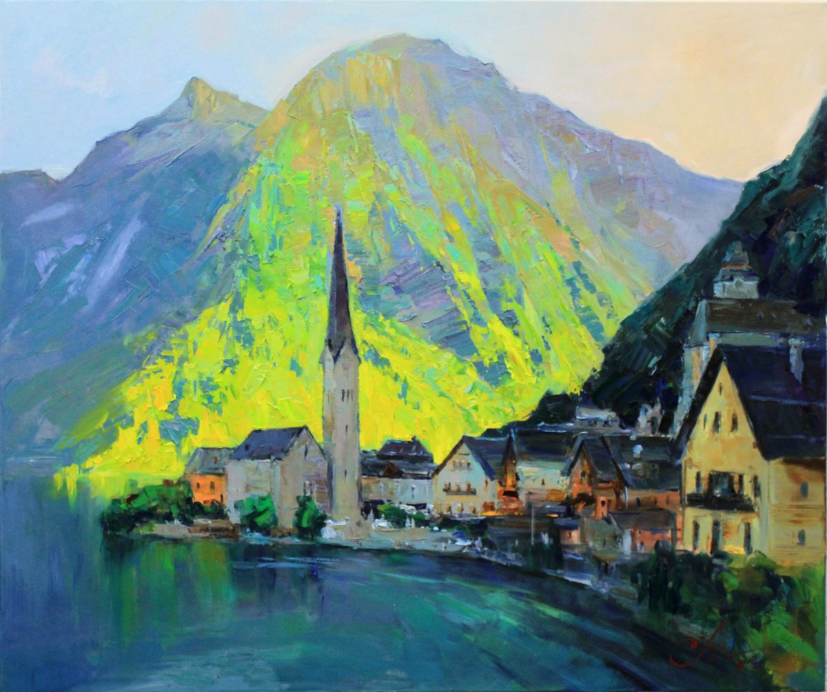 Impressionistic Landscape Oil Painting By Serhii Cherniakovskyi, 37 X 31", Hallstatt Lake, Original Artwork