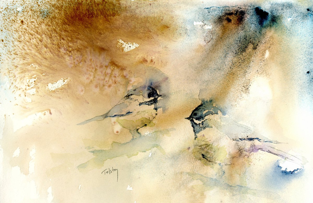 Impressionistic Animal Watercolour By Alex Tolstoy, 14 X 10, Capped Chickadees, Original Artwork