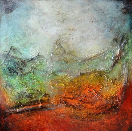 Enchantment - blue and red mixed media painting 36" x 36" - 91 cm x 91 cm