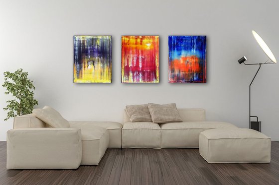 "Elemental" - FREE USA SHIPPING - Original Large PMS Abstract Triptych Oil Paintings On Canvas - 48" x 20"