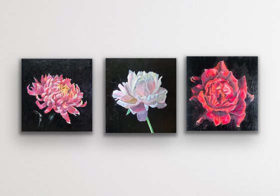 Set of 3 Flowers oil on cardboard