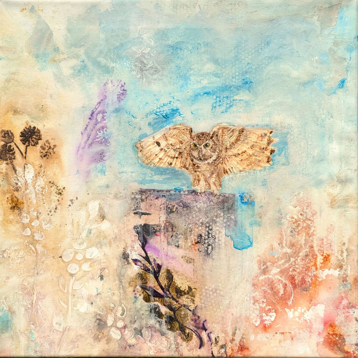 Organic Animal Acrylic Painting By Wowhawk, 20 X 20", Dreamy Owl In A Floral, Original Artwork