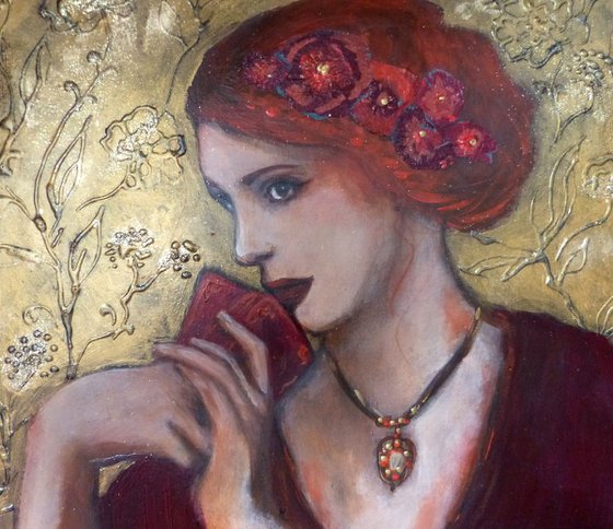 Woman portrait red hair Tarot carmin 27x35cm.