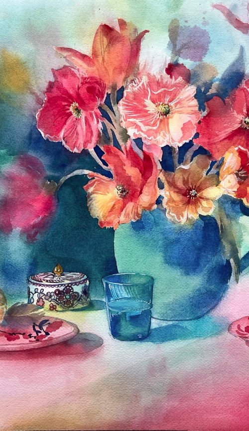 Flower and tea in the sunny corner by zhengyang Ruan