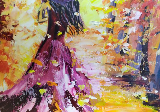 Autumn tango, original girl umbrella oil painting, Gift, art for home, for sale