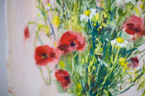 Poppies and camomiles. Summer bouquet in a studio. Bright colors medium size interior abstract flowers red yellow tender