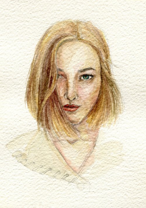 Watercolor blond girl with red lips by Liliya Rodnikova