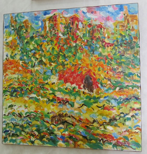 MONTMARTRE VINEYARDS. PARIS - Landscape autumn fall leaves, cityscape, plants, large size, original oil painting, red green, home decor interior art 150x150