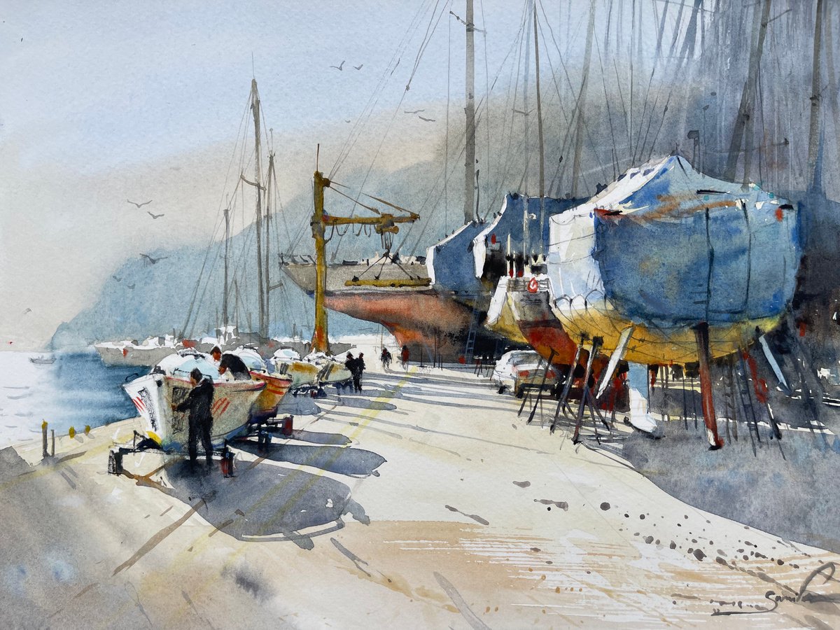 Illustrative Landscape Watercolour By Samira Yanushkova, 12 X 9", Yacht Morning, Original Artwork